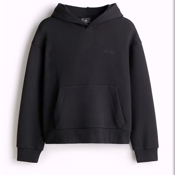 H&M Loose Fit Black Ribbed Hoodie Sweatshirt Soho Heights Logo Size M - Picture 10 of 14